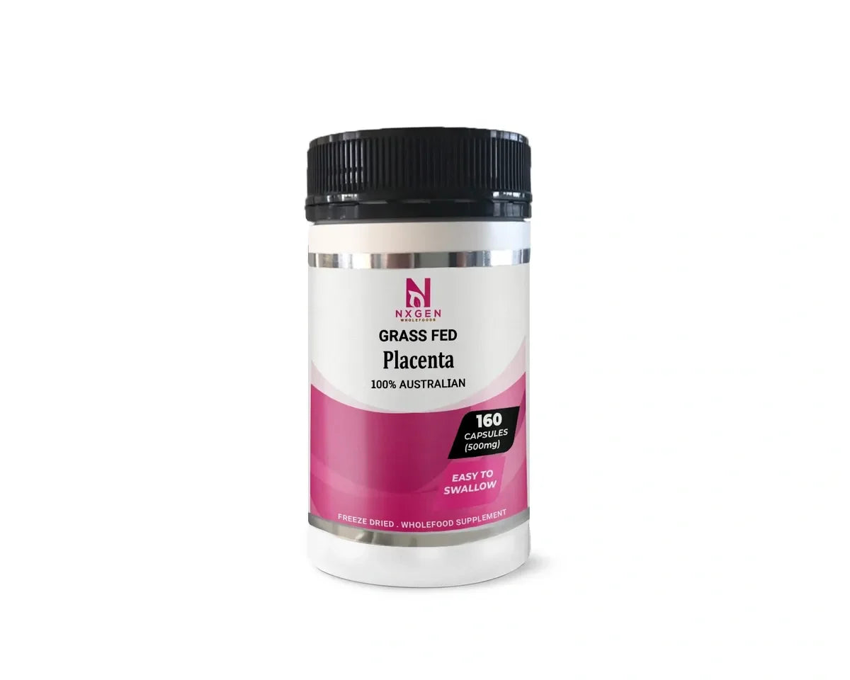 Bottle of Grass Fed Placenta 500mg 160 Capsules by NXGEN Wholefoods, featuring a white and pink label with black lid, designed for easy swallowing.