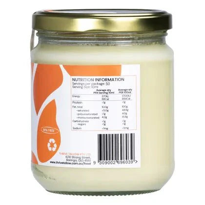 Nutrition label and barcode on the back of 100% Grass Fed Tallow - 500ml by Thrive Tallow in clear glass jar
