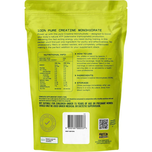 Back of 100% Pure - Creatine Monohydrate - 200g by Protein Supplies Australia showing nutritional info and usage instructions.