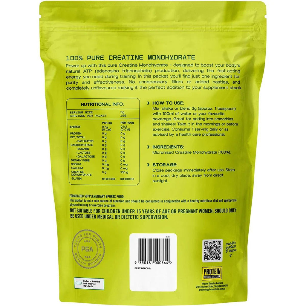 Back of 100% Pure Creatine Monohydrate - 500g by Protein Supplies Australia showing nutrition facts and usage instructions.