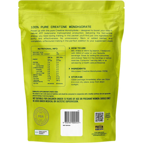 Back of 100% Pure Creatine Monohydrate - 500g by Protein Supplies Australia showing nutrition facts and usage instructions.
