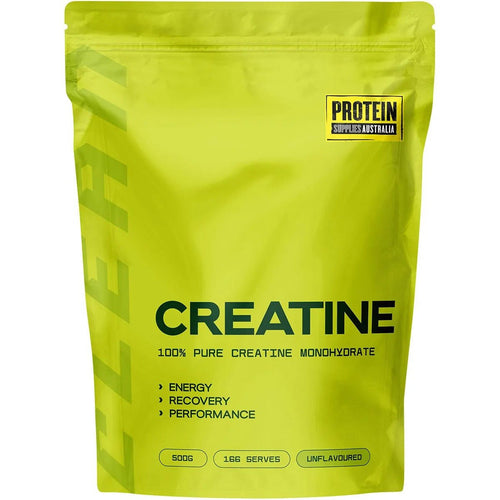 100% Pure Creatine Monohydrate - 500g in yellow resealable pouch by Protein Supplies Australia for energy, recovery, and performance