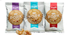 Three bags of Crackle & Co Pork Crackling Variety 3 Pack featuring balsamic vinegar, sea salt, and chilli flavors, low carb and keto-friendly snacks.