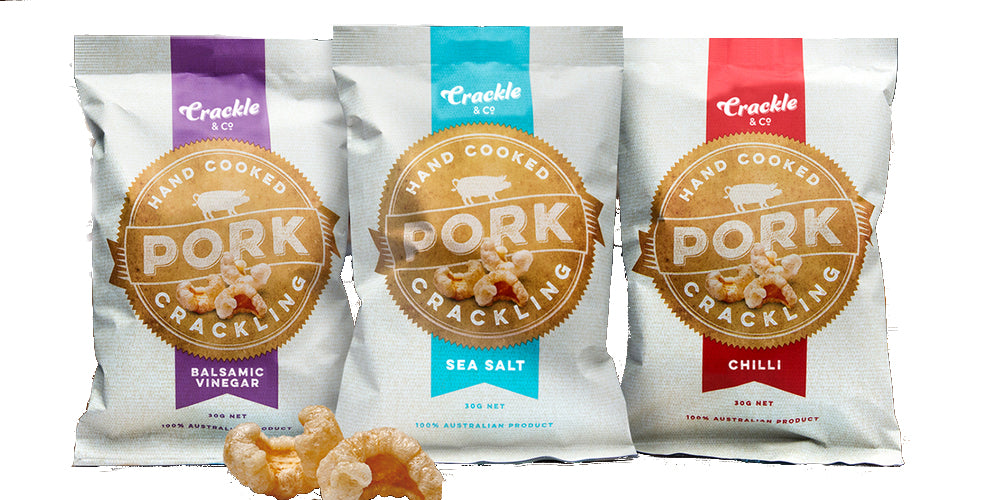 Three bags of Crackle & Co Pork Crackling Variety 3 Pack featuring balsamic vinegar, sea salt, and chilli flavors, low carb and keto-friendly snacks.