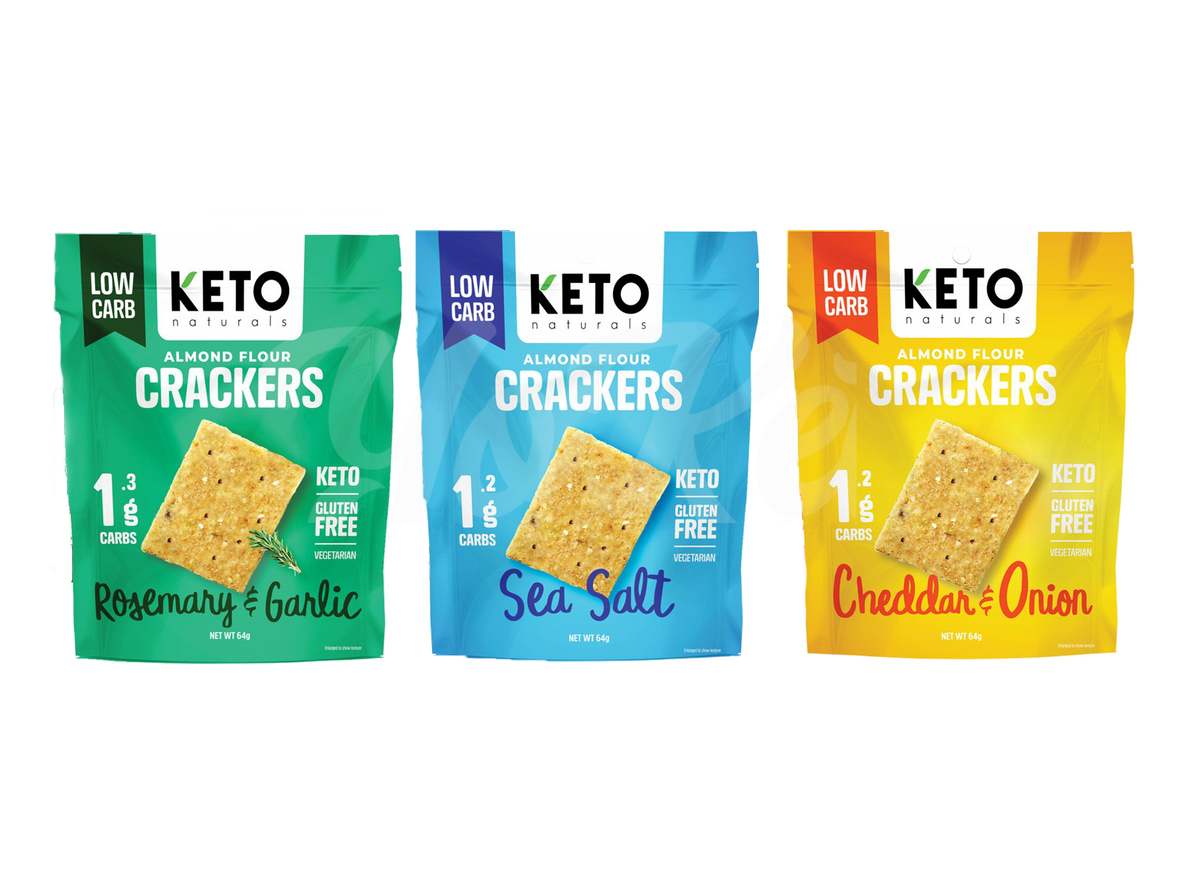 Almond Flour Cracker Variety Pack by Keto Naturals featuring low carb, gluten-free crackers in rosemary garlic, sea salt, and cheddar onion flavors.