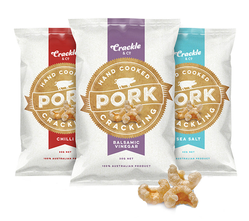 Three bags of Crackle & Co Pork Crackling Variety 3 Pack in chili, balsamic vinegar, and sea salt flavors with crispy pork crackling pieces in front, low carb and keto friendly.