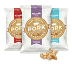 Three bags of Crackle & Co Pork Crackling Variety 3 Pack in chili, balsamic vinegar, and sea salt flavors with crispy pork crackling pieces in front, low carb and keto friendly.