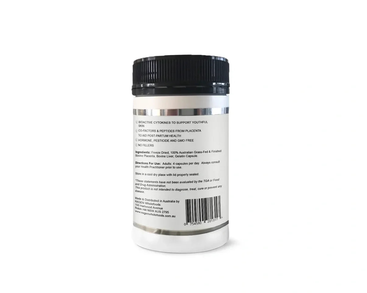 Back view of NXGEN Wholefoods Grass Fed Placenta 500mg 160 Capsules bottle showing label details including usage and ingredients.