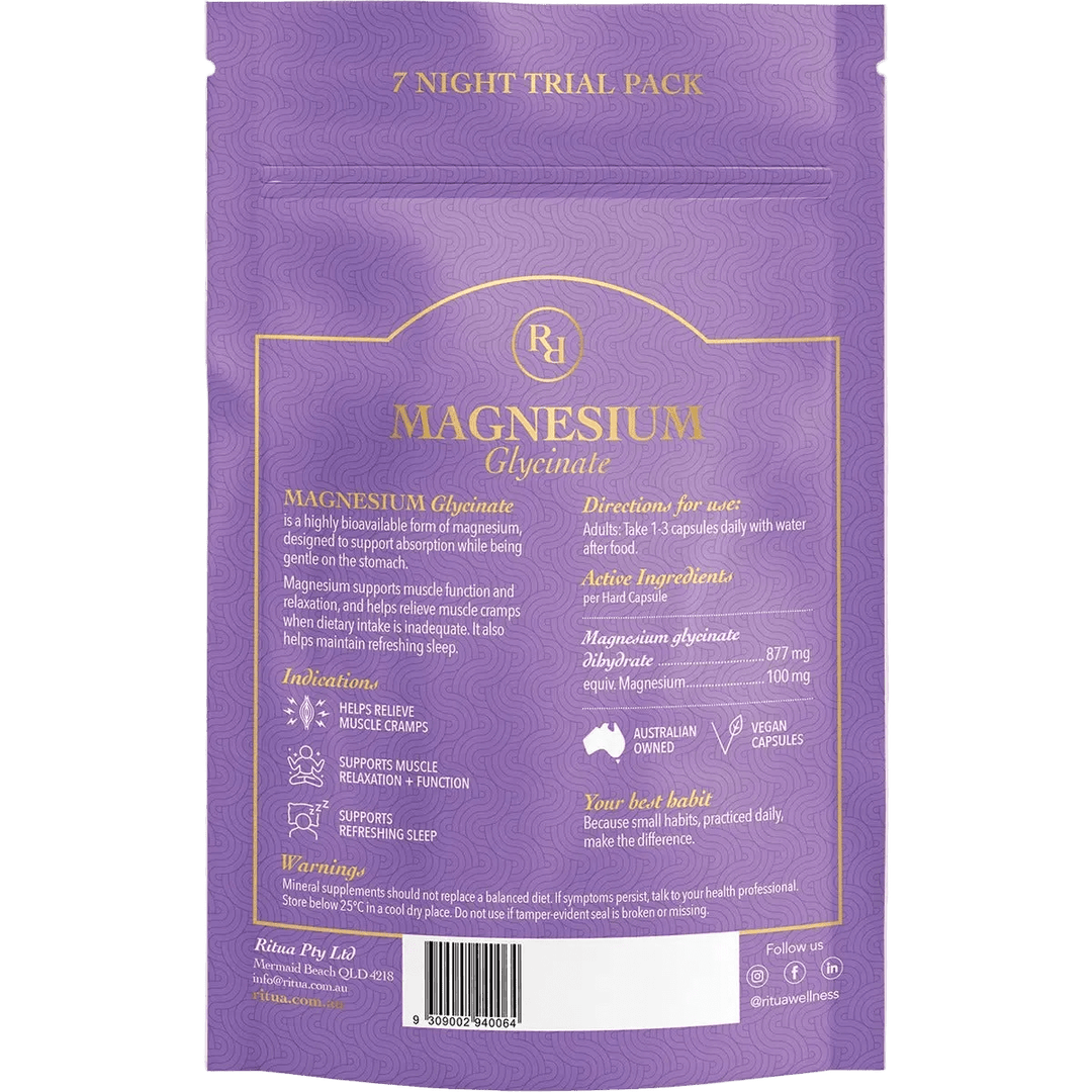 Back of Ritua 7 Night Trial Pack Magnesium Glycinate - 14 Capsules packaging showing usage, ingredients and Australian family business details.