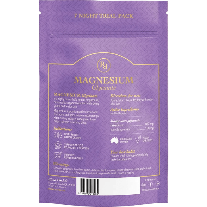 Back of Ritua 7 Night Trial Pack Magnesium Glycinate - 14 Capsules packaging showing usage, ingredients and Australian family business details.