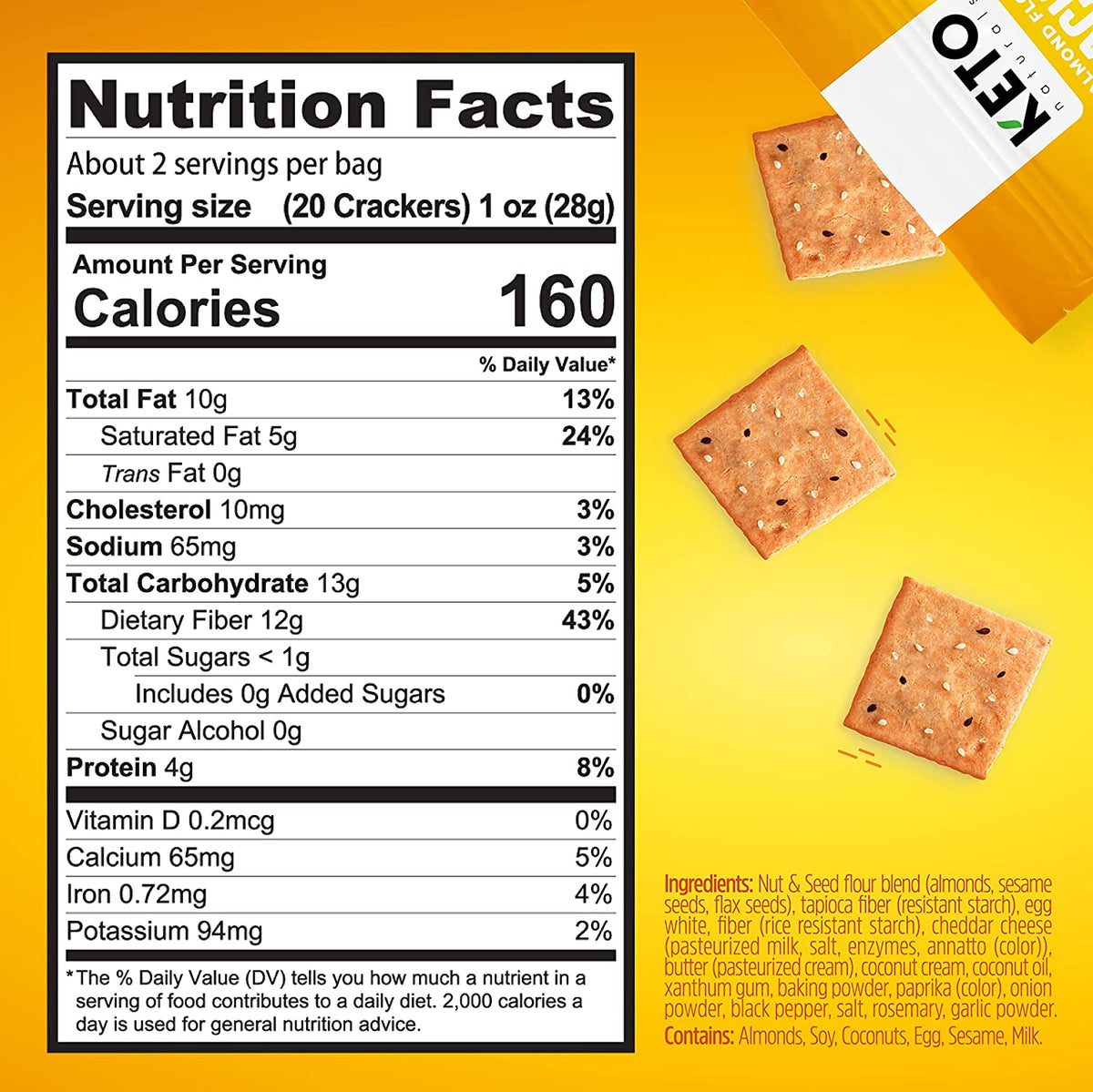 Nutrition facts label showing 160 calories per serving for Almond Flour Cracker Variety Pack by Keto Naturals, alongside scattered crackers on yellow background.