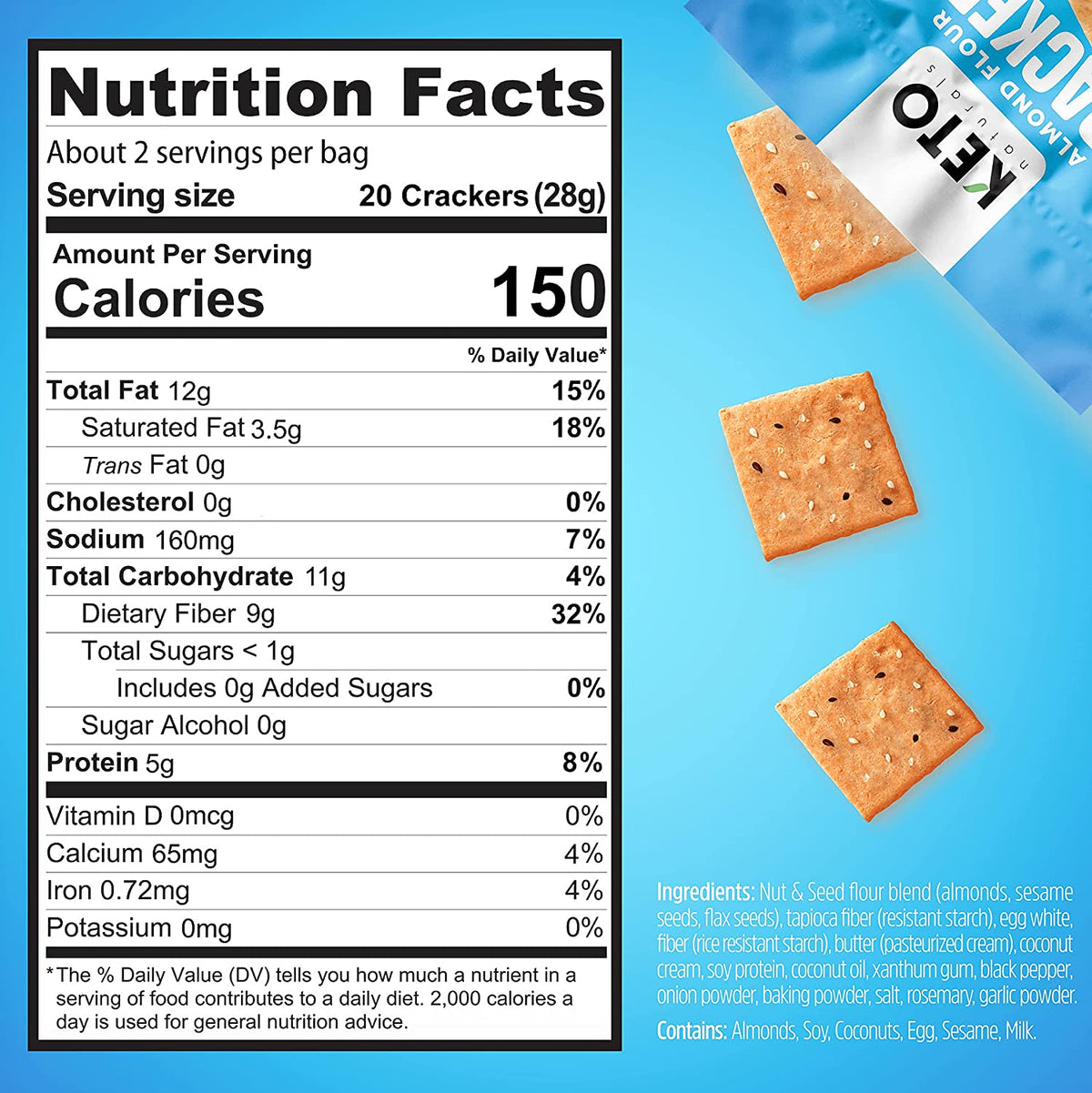 Nutrition facts label highlighting 150 calories per serving and ingredients for Keto Naturals Almond Flour Cracker Variety Pack low carb keto snack.