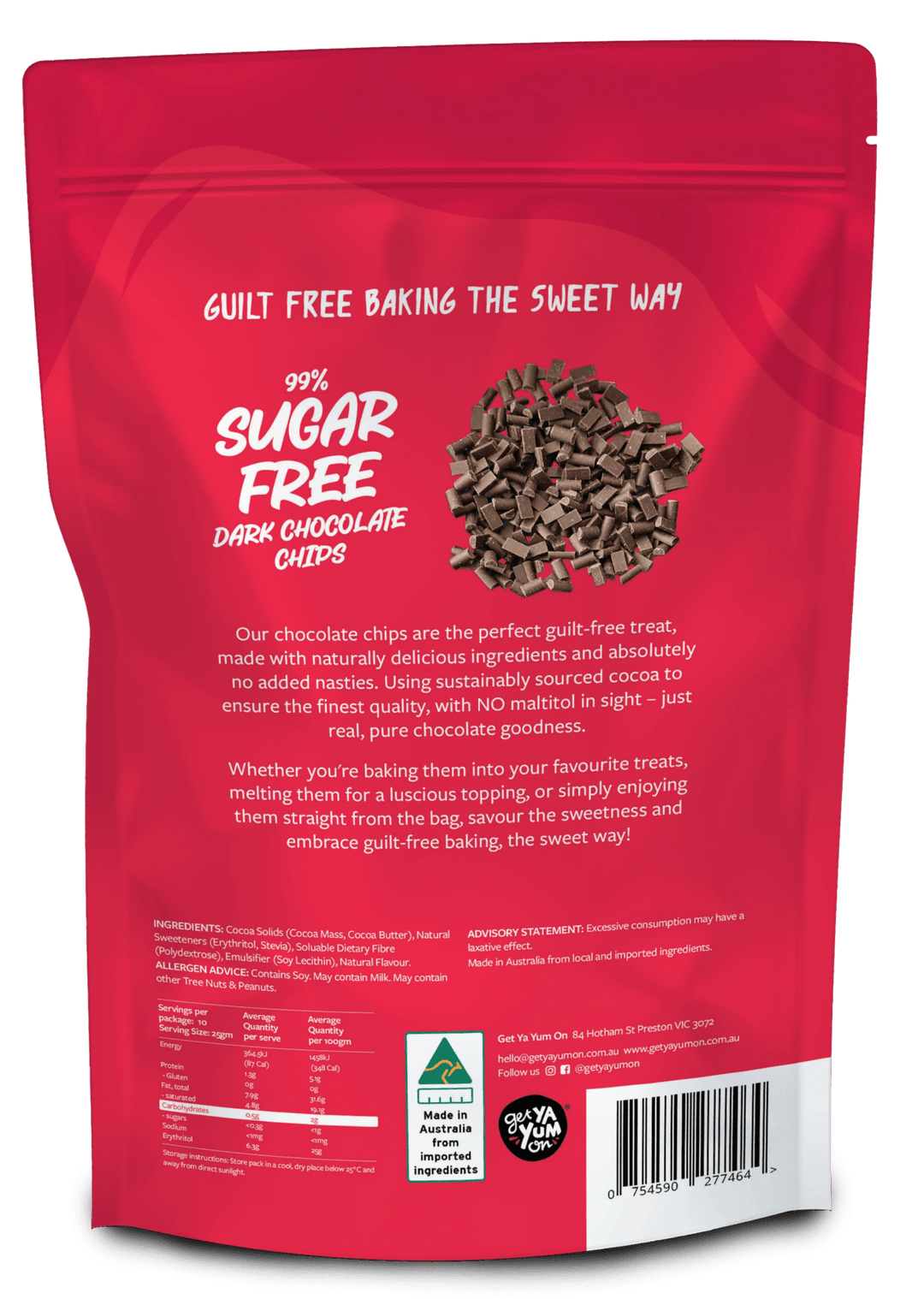 99% Sugar Free 65% Dark Chocolate Chips 250g