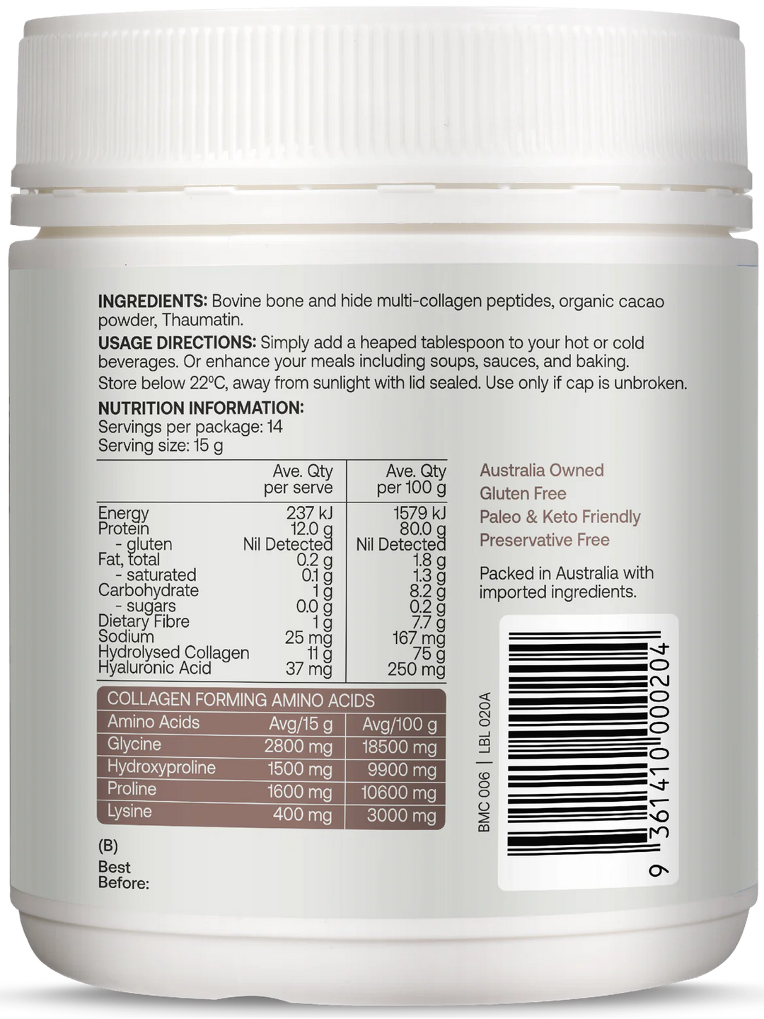 Multi-Collagen Protein Peptides - Raw Organic Cacao - 210g