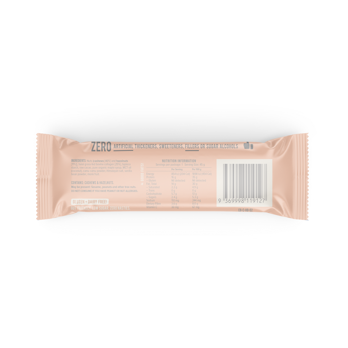 Chief Collagen Bar Hazelnut Brownie 45 g, back of wrapper with ingredients and nutrition information