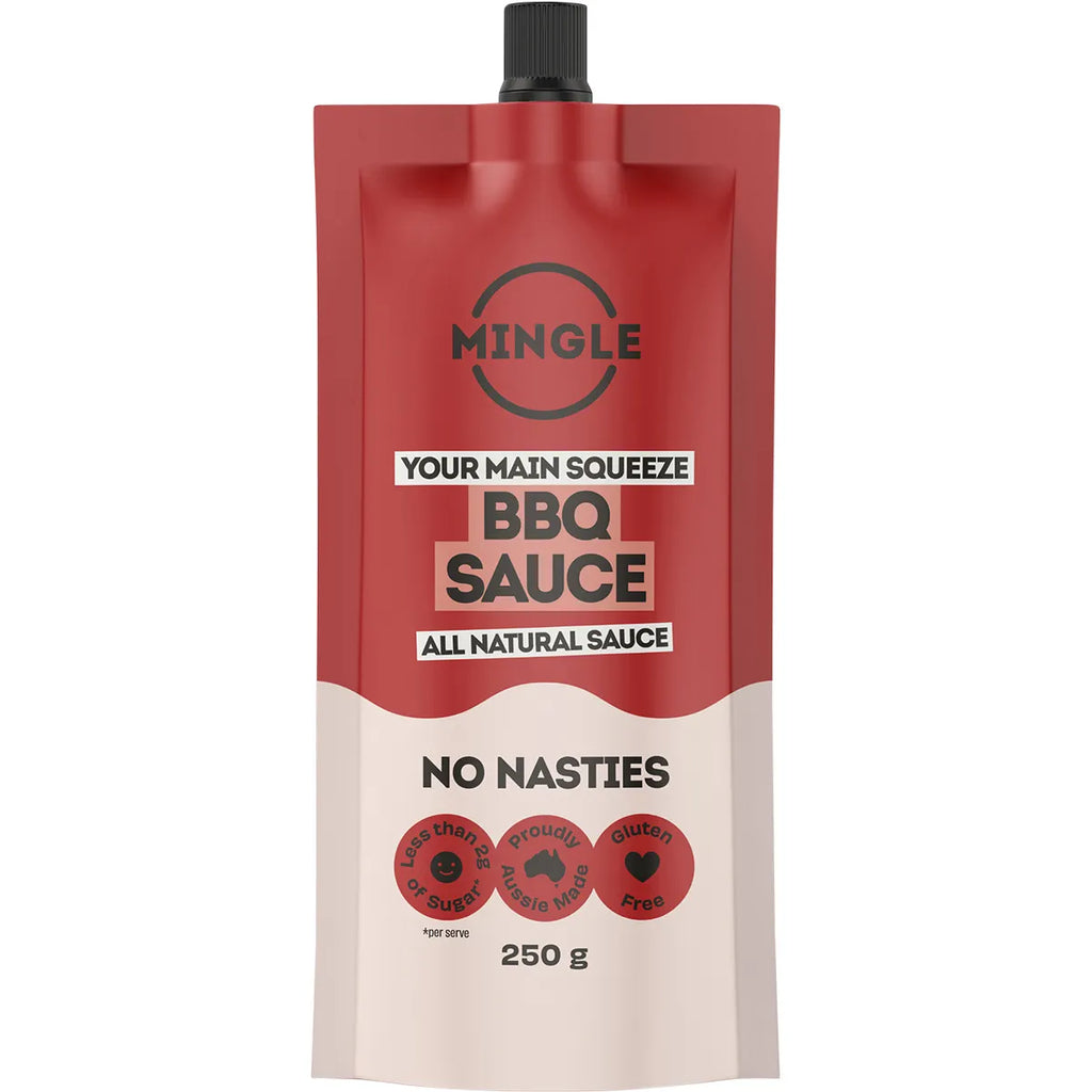 Mingle Your Main Squeeze BBQ Sauce pouch with all natural, low carb, gluten free ingredients featured in Better For You Sauce 3 Pack
