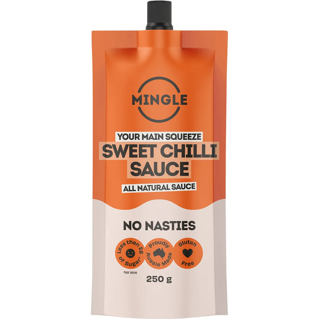 Mingle Sweet Chilli Sauce pouch from the Better For You Sauce 3 Pack, all natural, low carb, keto friendly, and gluten free.