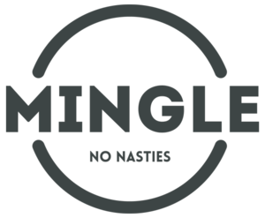 Mingle Chow Mein - 40g spice blend logo with keto-friendly, no added sugar, and low sodium claims in black and white design