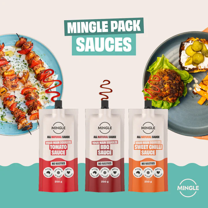 Three pouches of Mingle Better For You Sauce 3 Pack including Tomato, BBQ, and Sweet Chilli sauces with grilled food on plates, low carb and keto friendly.