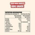 Nutrition information label for Mingle Better For You Sauce 3 Pack showing servings, energy, protein, gluten-free status, fat, carbohydrates, sugars, dietary fiber, and sodium content per serving and per 100 grams.