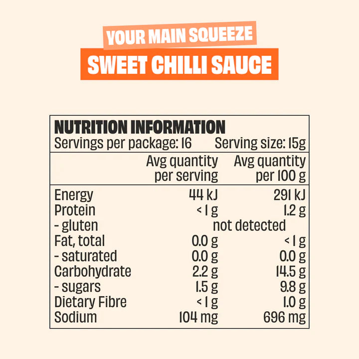 Nutrition information label for Mingle Better For You Sauce 3 Pack Sweet Chilli Sauce showing low carb and keto-friendly values per serving and per 100 grams.