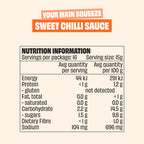 Nutrition information label for Mingle Better For You Sauce 3 Pack Sweet Chilli Sauce showing low carb and keto-friendly values per serving and per 100 grams.
