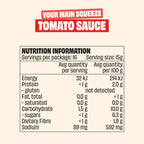 Nutrition information label for Mingle Better For You Sauce 3 Pack tomato sauce showing servings, energy, protein, fat, carbohydrate, fiber, and sodium content per serving and per 100 grams.