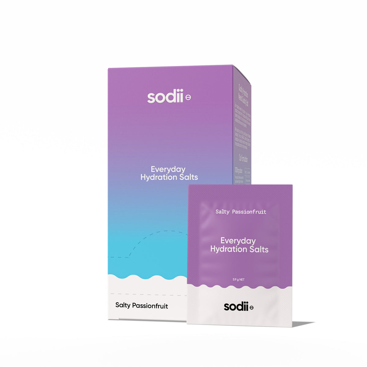 Salty Passionfruit - 30 Sachets by Sodii featuring Everyday Hydration Salts in a purple and blue gradient box, promoting low carb and keto wellness.