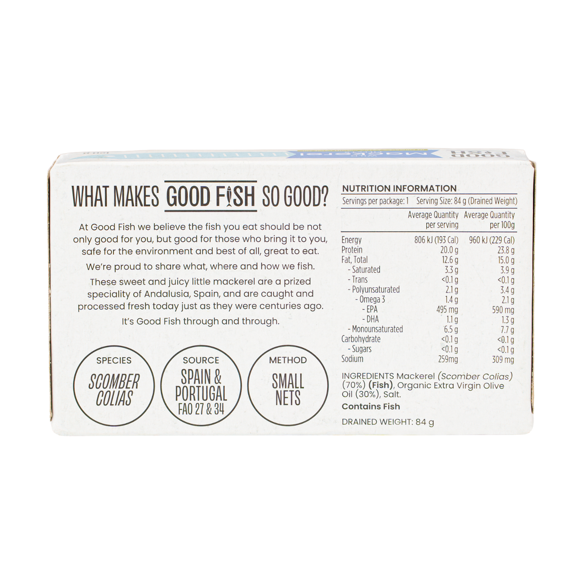 Back of the Good Fish Wild Mackerel Fillets 120 g can with nutrition information and ingredients