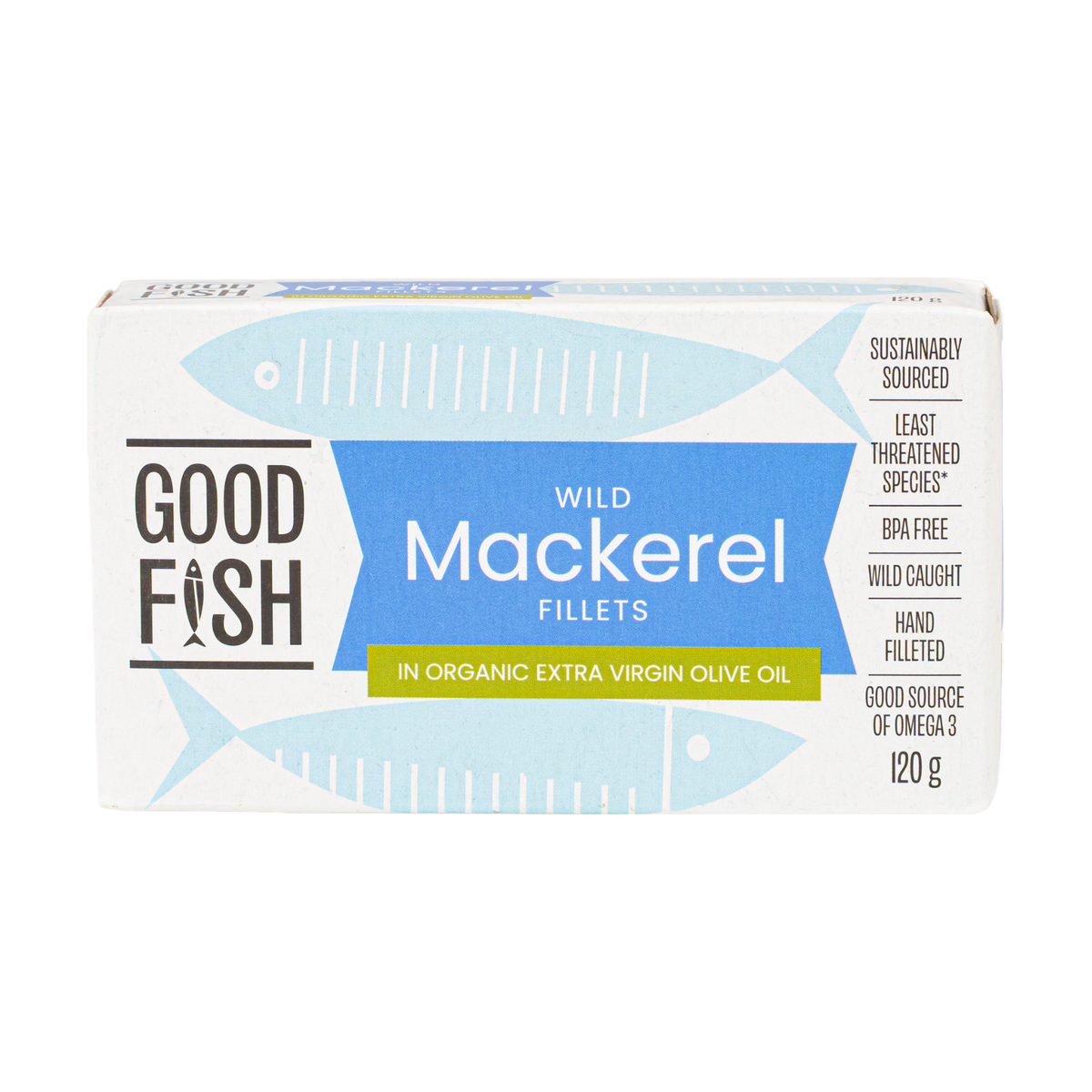Front of the Good Fish Wild Mackerel Fillets in Organic Extra Virgin Olive Oil 120 g can