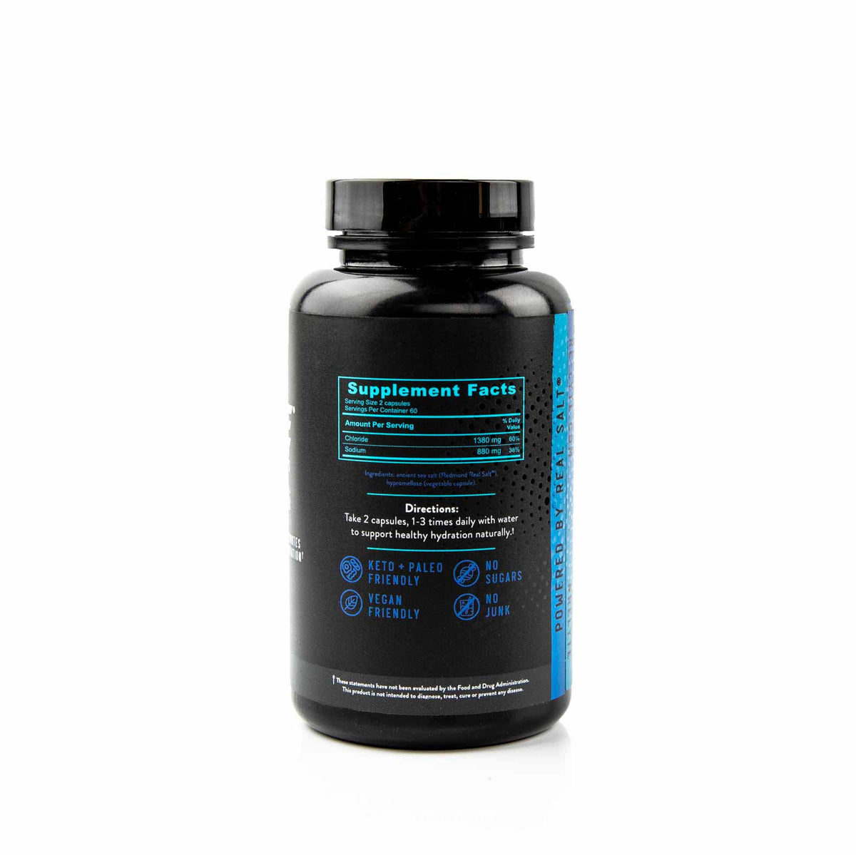 Re-Lyte Hydration Support Caps - 120 Capsules bottle showing supplement facts and hydration support details for Keto and vegan users