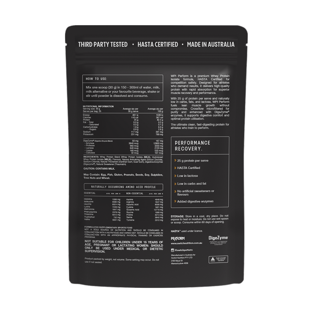 Back of the Switch Nutrition Whey Protein Isolate Perform Vanilla 750 g pouch with directions, nutrition information and ingredients