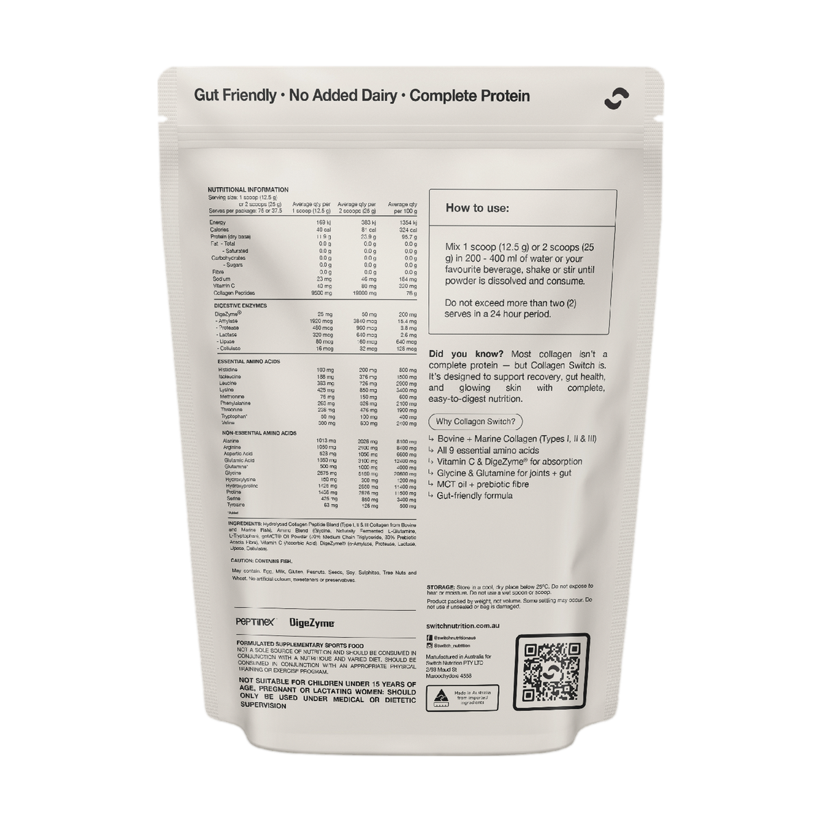 Back of the Switch Nutrition Collagen Peptides 938 g bag with nutrition information, ingredients and directions
