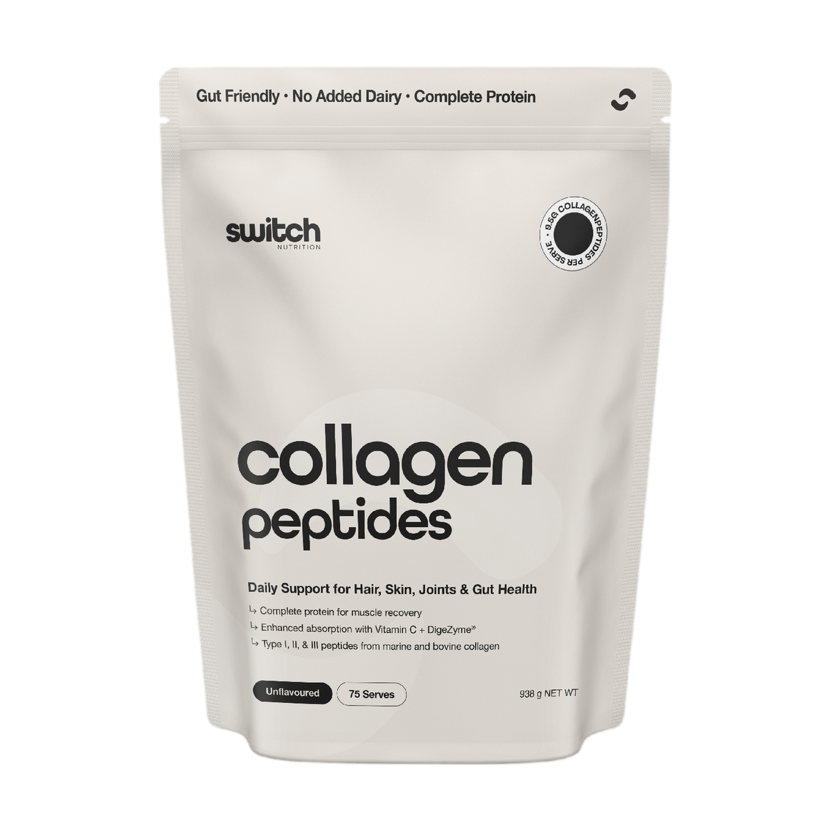 Front of the Switch Nutrition Collagen Peptides Unflavoured 938 g bag