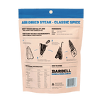 Back of the Barbell Air Dried Steak Classic 200 g pouch with ingredients, nutrition information and storage directions