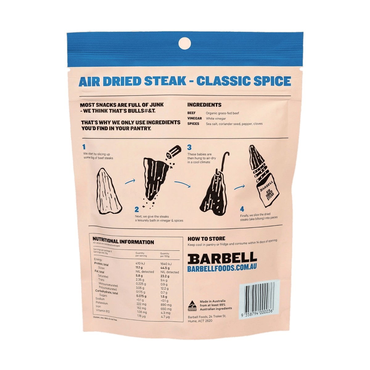 Back of the Barbell Air Dried Steak Classic 200 g pouch with ingredients, nutrition information and storage directions