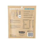 Back packaging of Air Dried Steak - Variety Pack - 70g x 3 by Barbell Foods showing nutrition, ingredients, and usage details