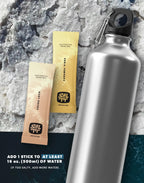 Cocoa Variety Electrolyte Drink Mix - 30 Sticks packets with silver water bottle on textured salt background