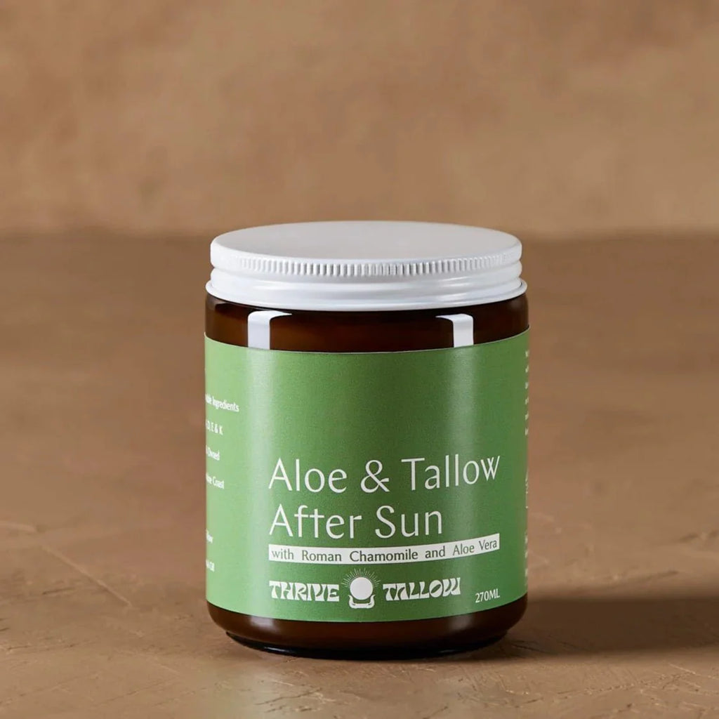 Aloe & Tallow After Sun Balm - 270ml in a brown jar with green label by Thrive Tallow on a neutral background