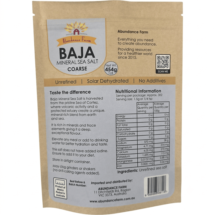 Package of Abundance Farm Baja Mineral Sea Salt with nutritional information and branding details.