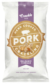 Packaged Pork Crackling Variety 3 Pack by Crackle & Co featuring balsamic vinegar flavor, low carb and keto-friendly snack option.