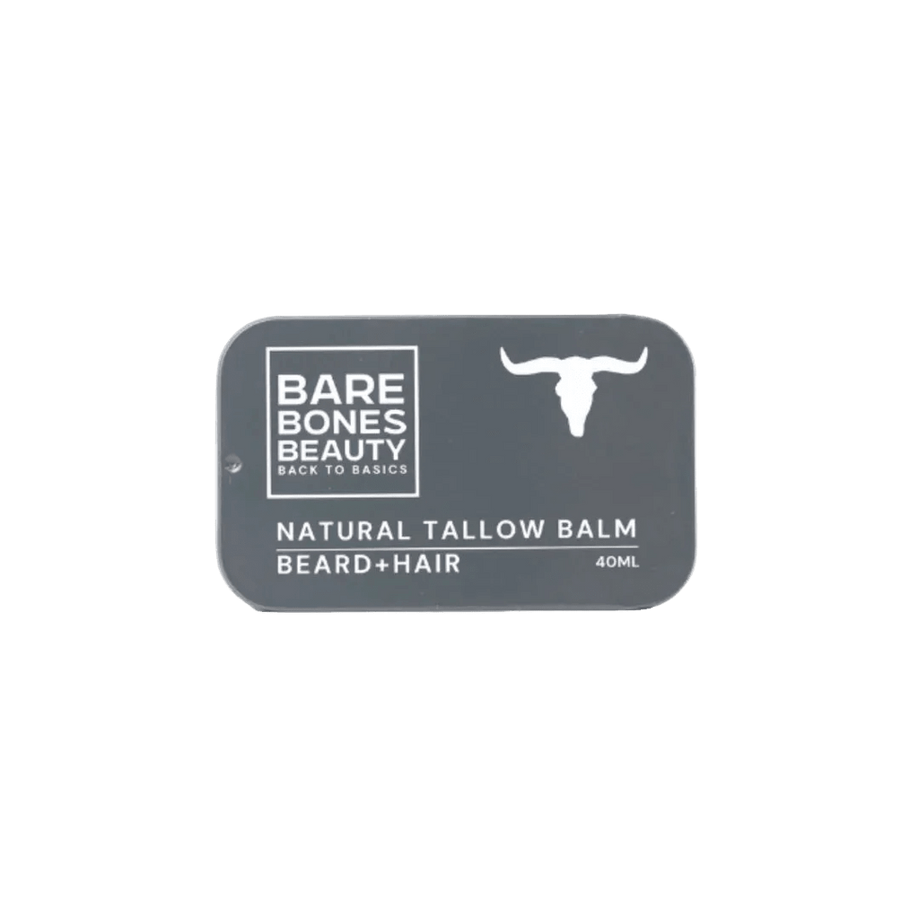 Bare Bones Beauty Beard Tallow Balm - 40ml in a black tin, natural beard and hair balm for men’s grooming.
