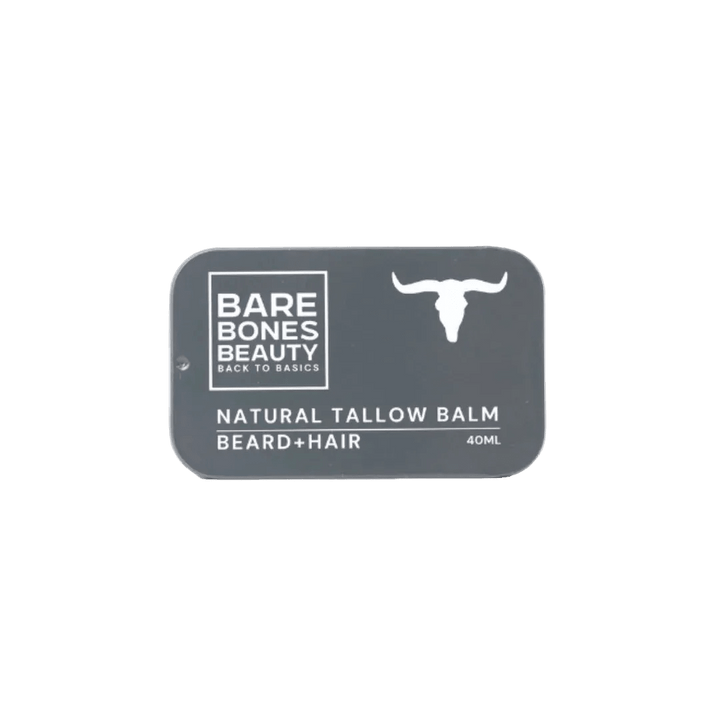 Bare Bones Beauty Beard Tallow Balm - 40ml in a black tin, natural beard and hair balm for men’s grooming.