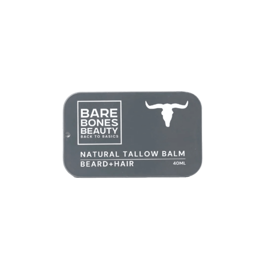 Bare Bones Beauty Beard Tallow Balm - 40ml in a black tin, natural beard and hair balm for men’s grooming.