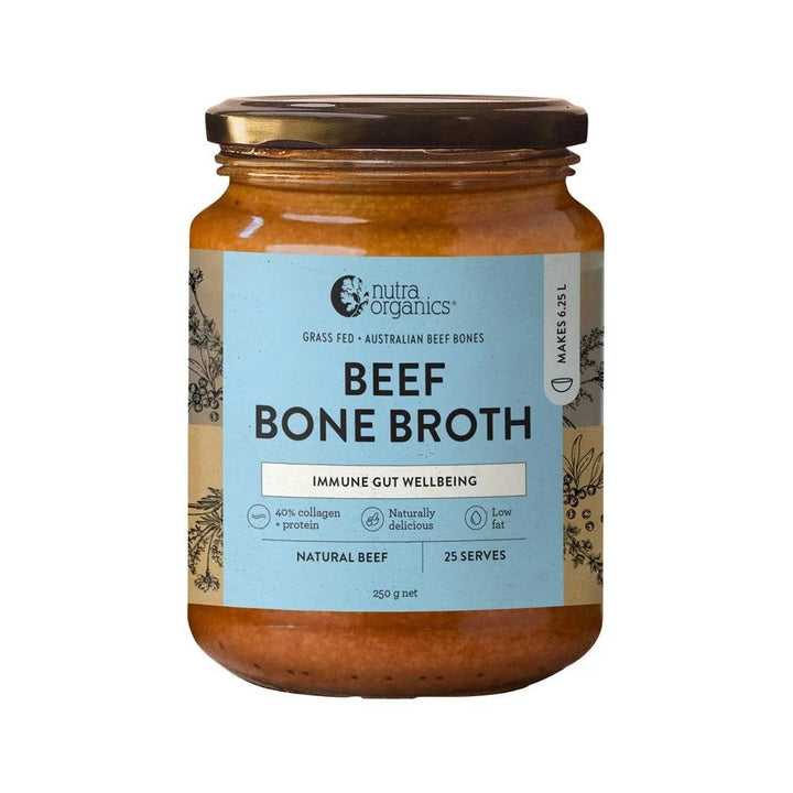 Nutra Organics Beef Bone Broth Concentrate - Natural - 250g jar with grass-fed Australian beef bones for gut health.