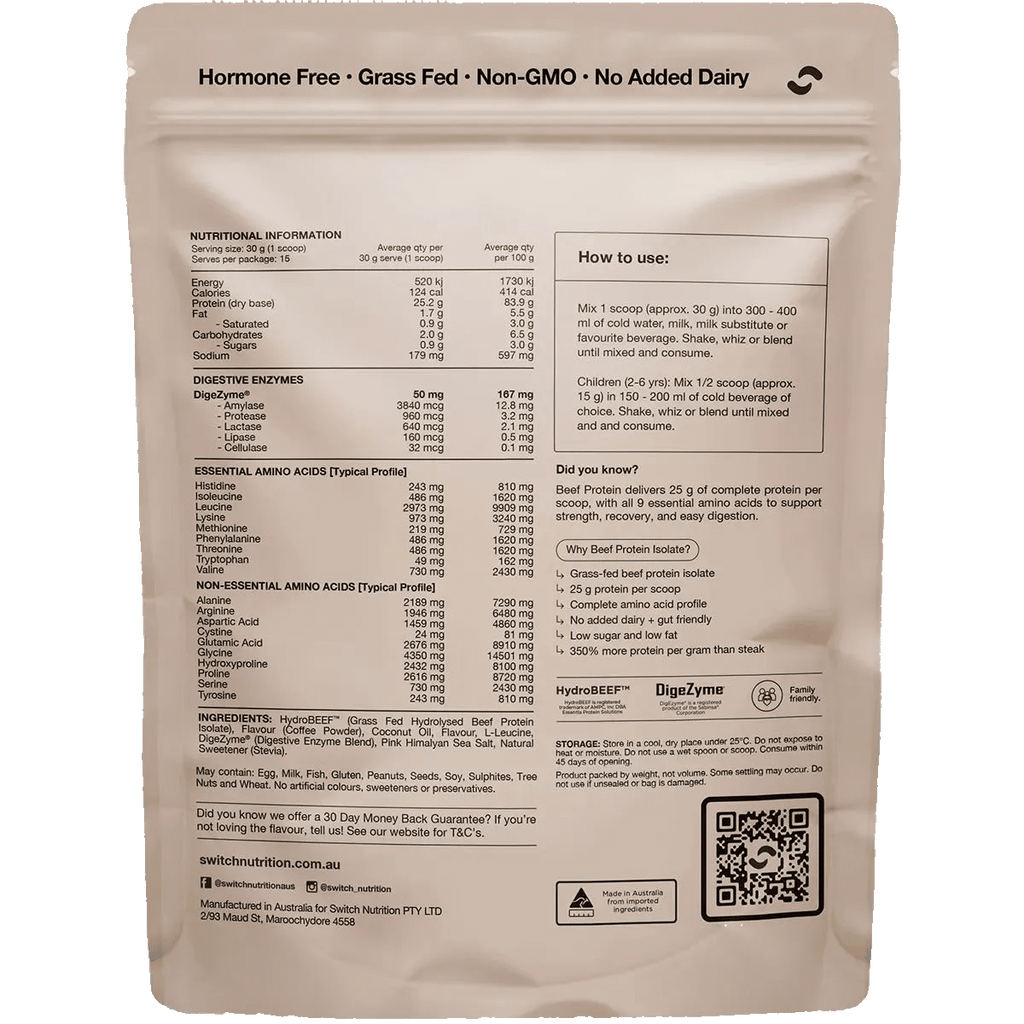 Nutrition label and usage instructions on Switch Nutrition’s Beef Protein Isolate - Iced Latte - 450g packaging with health claims and ingredients.