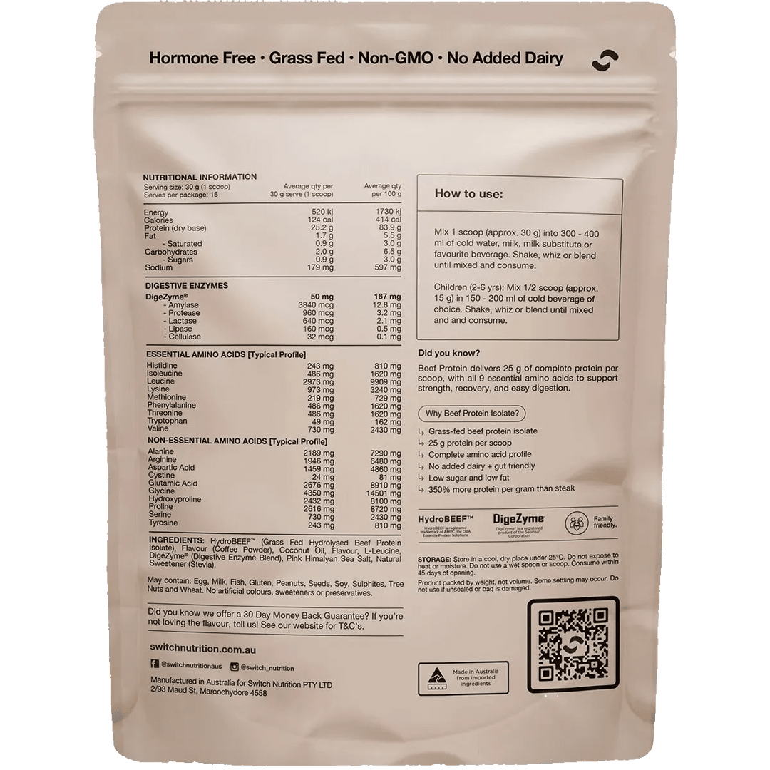 Nutrition label and usage instructions on Switch Nutrition’s Beef Protein Isolate - Iced Latte - 450g packaging with health claims and ingredients.