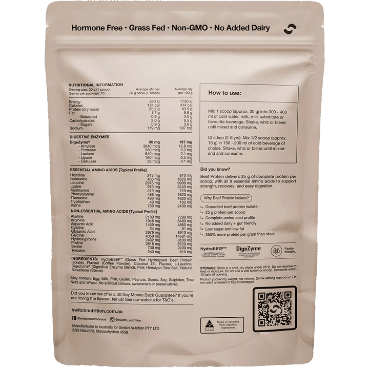 Nutrition label and usage instructions on Switch Nutrition’s Beef Protein Isolate - Iced Latte - 450g packaging with health claims and ingredients.