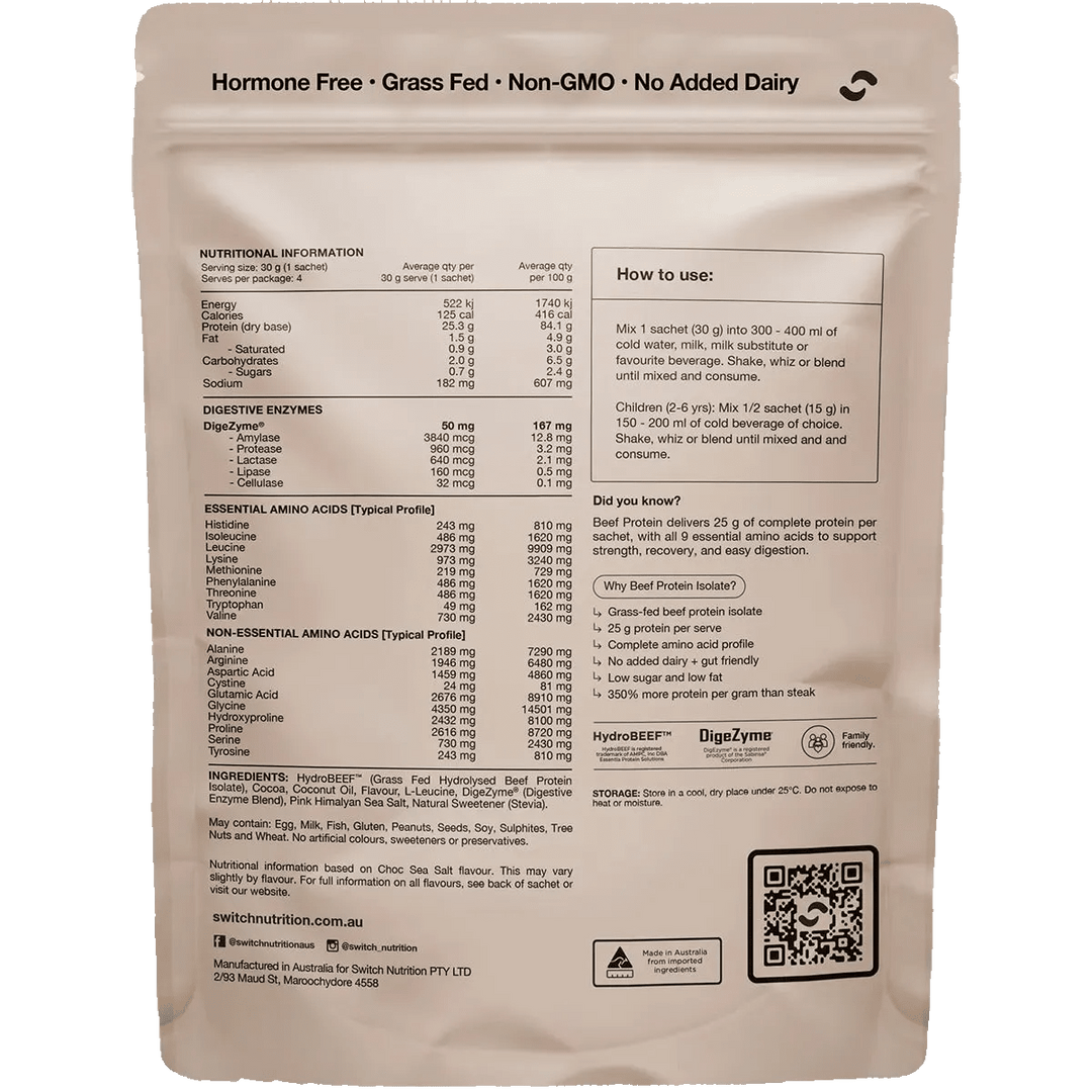 Beef Protein Isolate Sample Pouch 30g x4 by Switch Nutrition showing nutrition, usage instructions, and product benefits on packaging.