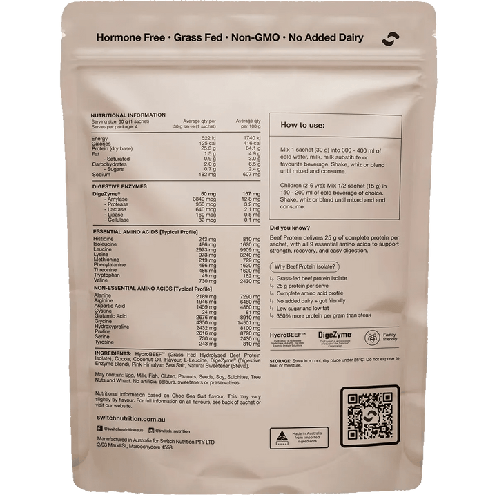 Beef Protein Isolate Sample Pouch 30g x4 by Switch Nutrition showing nutrition, usage instructions, and product benefits on packaging.